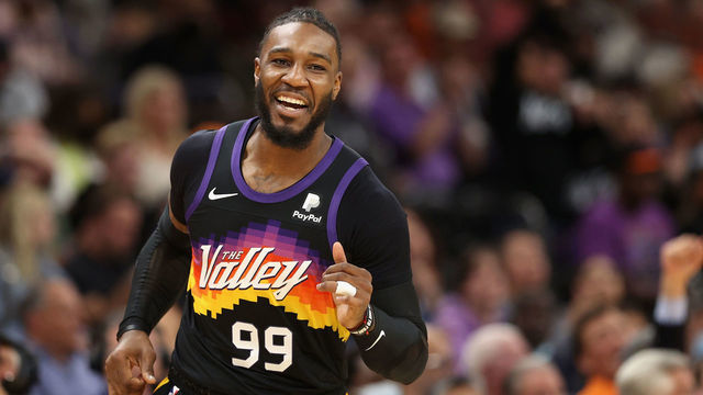 PHOENIX, ARIZONA - NOVEMBER 30: Jae Crowder #99 of the Phoenix Suns reacts after a three-point shot against the Golden State Warriors during the first half of the NBA game at Footprint Center on November 30, 2021 in Phoenix, Arizona.