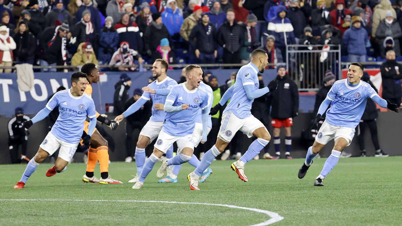 FOXBOROUGH, MA - NOVEMBER 30: NYCFC celebrates their penalty kick victory during an Eastern Conference semi-final between the New England Revolution and New York City FC on November 30, 2021, at Gillette Stadium in Foxborough, Massachusetts.