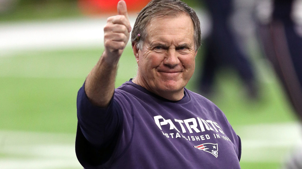 HOUSTON, TX - FEBRUARY 05: Head coach Bill Belichick of the New England Patriots gives a thumbs up on the field prior to Super Bowl 51 against the Atlanta Falcons at NRG Stadium on February 5, 2017 in Houston, Texas.