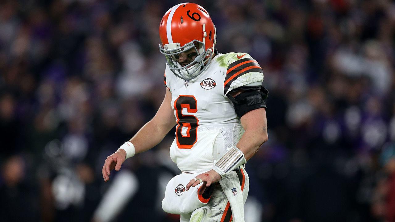 BALTIMORE, MARYLAND - NOVEMBER 28: Quarterback Baker Mayfield #6 of the Cleveland Browns walks off the field after the Browns failed to convert on third down against the Baltimore Ravens in the second half at M&T Bank Stadium on November 28, 2021 in Baltimore, Maryland.