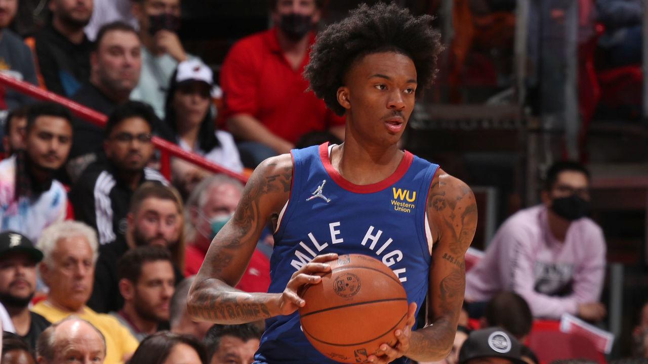 MIAMI, FL - NOVEMBER 29: Bones Hyland #3 of the Denver Nuggets handles the ball during the game against the Miami Heat on November 29, 2021 at FTX Arena in Miami, Florida. Mandatory Copyright Notice: Copyright 2021 NBAE