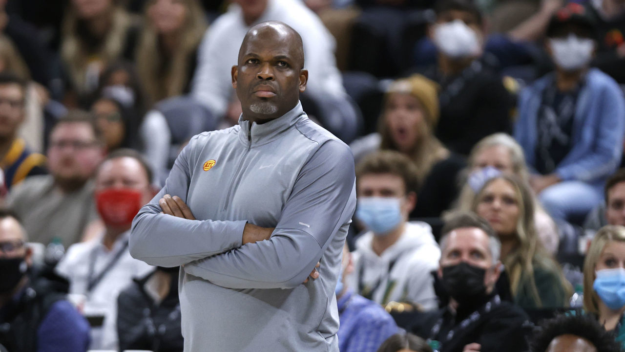 SALT LAKE CITY, UT - NOVEMBER 9: Nate McMillan of the Atlanta Hawks looks on during the game against the Utah Jazz on November 9, 2021 at Vivint Smart Home Arena in Salt Lake City, Utah. Mandatory Copyright Notice: Copyright 2021 NBAE