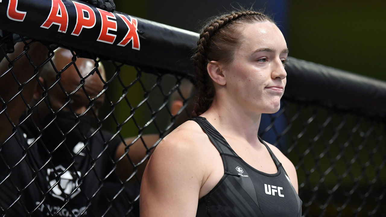 LAS VEGAS, NEVADA - OCTOBER 16: Aspen Ladd prepares to fight Norma Dumont of Brazil in a featherweight fight during the UFC Fight Night event at UFC APEX on October 16, 2021 in Las Vegas, Nevada.
