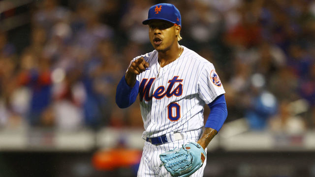 NEW YORK, NEW YORK - AUGUST 28: Marcus Stroman #0 of the New York Mets reacts after throwing out Lane Thomas #28 of the Washington Nationals at third base in the first inning against the Washington Nationals at Citi Field on August 28, 2021 in New York City.