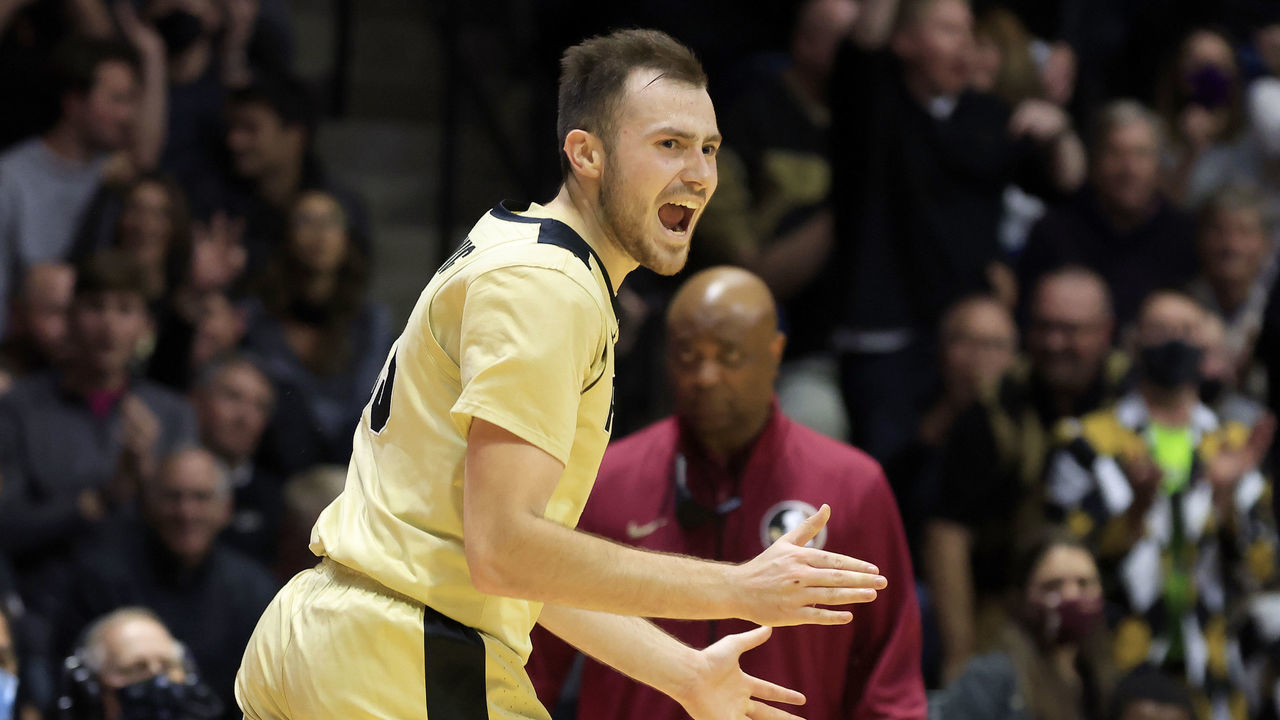 WEST LAFAYETTE, INDIANA - NOVEMBER 30: Sasha Stefanovic #55 of the Purdue Boilermakers reacts after making a three pointer during the second half in the game against the Florida State Seminoles at Mackey Arena on November 30, 2021 in West Lafayette, Indiana.