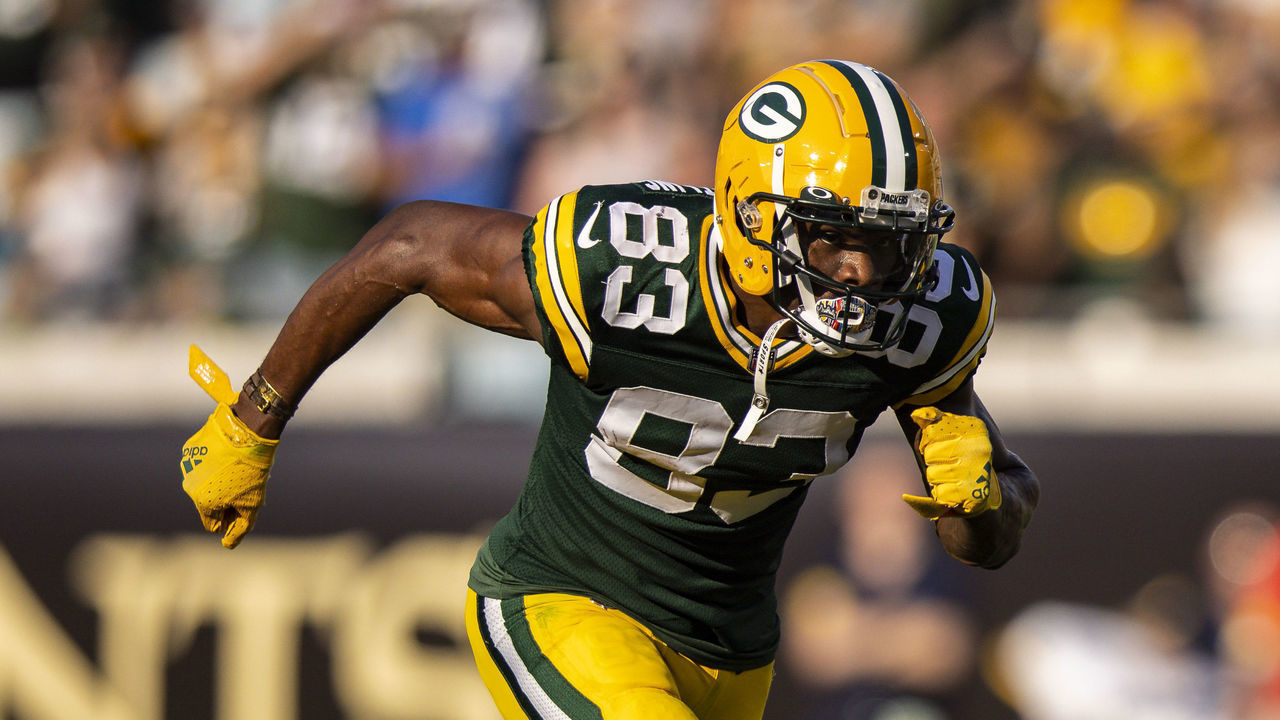 JACKSONVILLE, FLORIDA - SEPTEMBER 12: Marquez Valdes-Scantling #83 of the Green Bay Packers runs during the third quarter of a game against the New Orleans Saints at TIAA Bank Field on September 12, 2021 in Jacksonville, Florida.