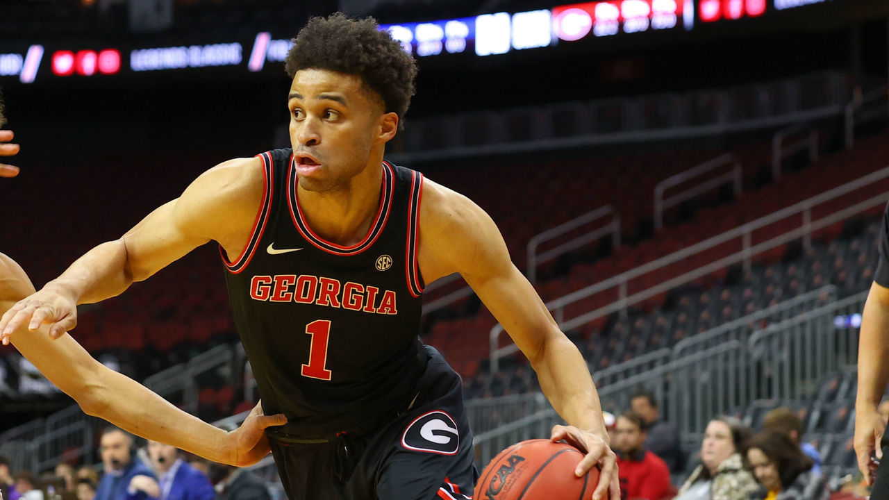 NEWARK, NJ - NOVEMBER 23: Georgia Bulldogs guard Jabri Abdur-Rahim (1) during the first half of the Legends Classic college basketball game between the Georgia Bulldogs and the Northwestern Wildcats on November 23, 2021 at the PrudentilCenter in Newark, NJ.