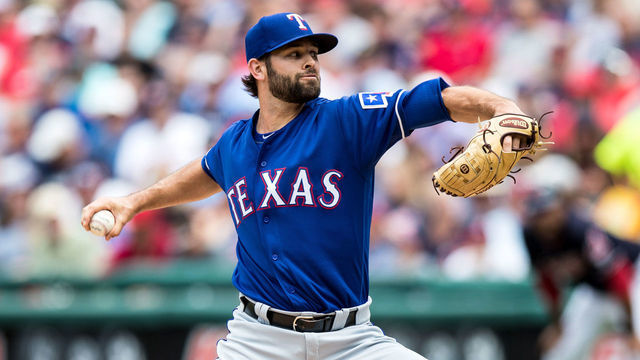 CLEVELAND, OH - JUNE 29: Texas Rangers pitcher Nick Martinez (22) delivers a pitch to the plate during the sixth inning of the Major League Baseball game between the Texas Rangers and Cleveland Indians on June 29, 2017, at Progressive Field in Cleveland, OH. Cleveland defeated Texas 5-1.