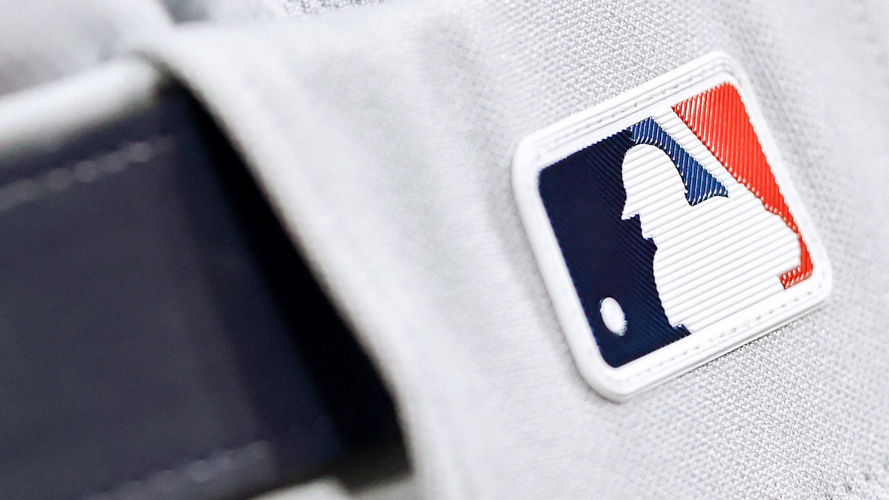 CINCINNATI, OHIO - AUGUST 30: A detail view of a MLB logo during the game between the St. Louis Cardinals and Cincinnati Reds at Great American Ball Park on August 30, 2021 in Cincinnati, Ohio.