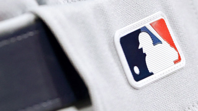 CINCINNATI, OHIO - AUGUST 30: A detail view of a MLB logo during the game between the St. Louis Cardinals and Cincinnati Reds at Great American Ball Park on August 30, 2021 in Cincinnati, Ohio.