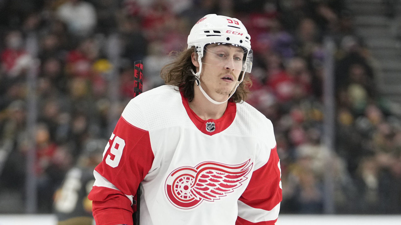 LAS VEGAS, NEVADA - NOVEMBER 18: Tyler Bertuzzi #59 of the Detroit Red Wings skates during the first period of a game against the Vegas Golden Knights at T-Mobile Arena on November 18, 2021 in Las Vegas, Nevada.
