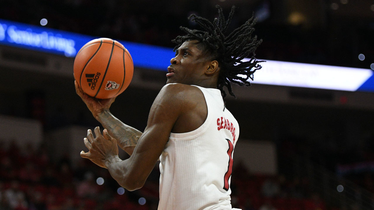 RALEIGH, NC - DECEMBER 01: North Carolina State Wolfpack guard Dereon Seabron (1) goes up for a shot during the game between the North Carolina State Wolfpack and the Nebraska Cornhuskers at PNC Arena on December 1, 2021 in Raleigh, NC.