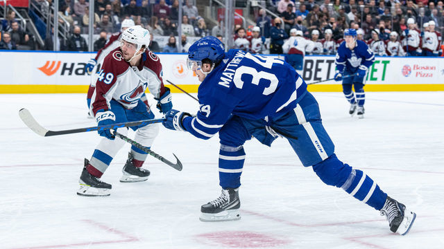 TORONTO, ON - DECEMBER 01: Toronto Maple Leafs Center Auston Matthews (34) scores his third goal of the game to record a hat trick during the third period of the NHL regular season game between the Colorado Avalanche and the Toronto Maple Leafs on December 1, 2021, at Scotiabank Arena in Toronto, ON, Canada.