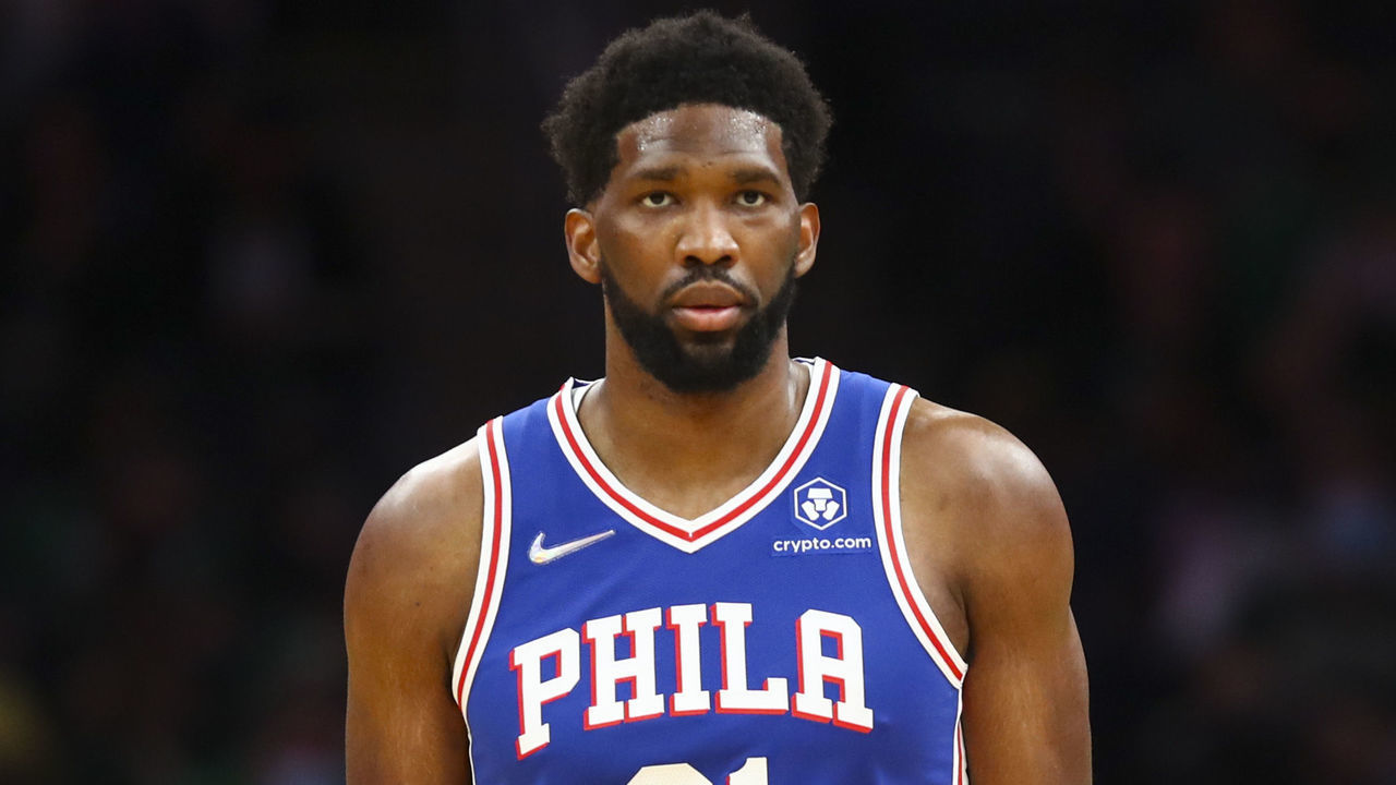BOSTON, MA - DECEMBER 01: Joel Embiid #21 of the Philadelphia 76ers looks on during a game against the Boston Celtics at TD Garden on December 1, 2021 in Boston, Massachusetts.