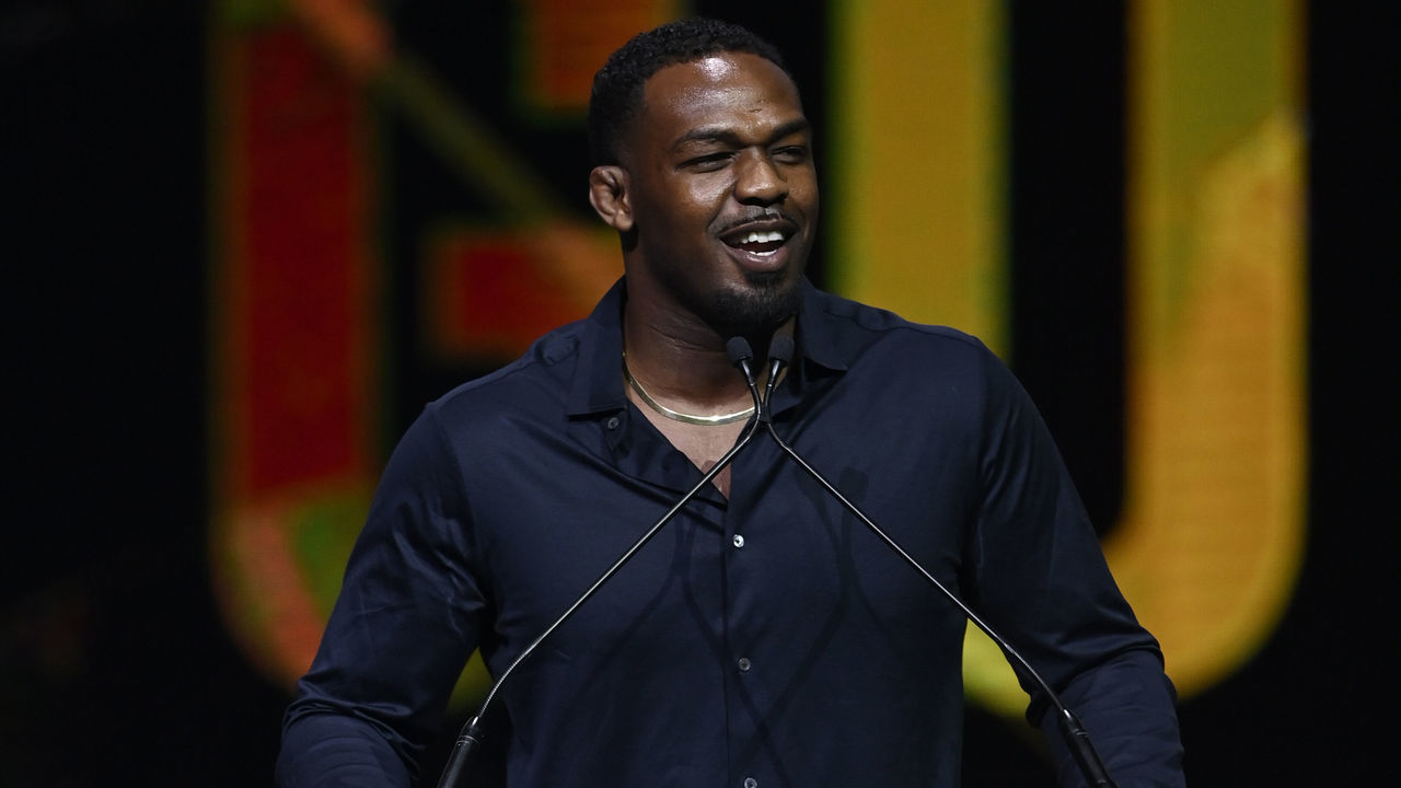 LAS VEGAS, NEVADA - SEPTEMBER 23: Jon Jones is inducted into the UFC Hall of Fame during the UFC Hall of Fame Class of 2020 Induction Ceremony at Park Theater at Park MGM on September 23, 2021 in Las Vegas, Nevada.