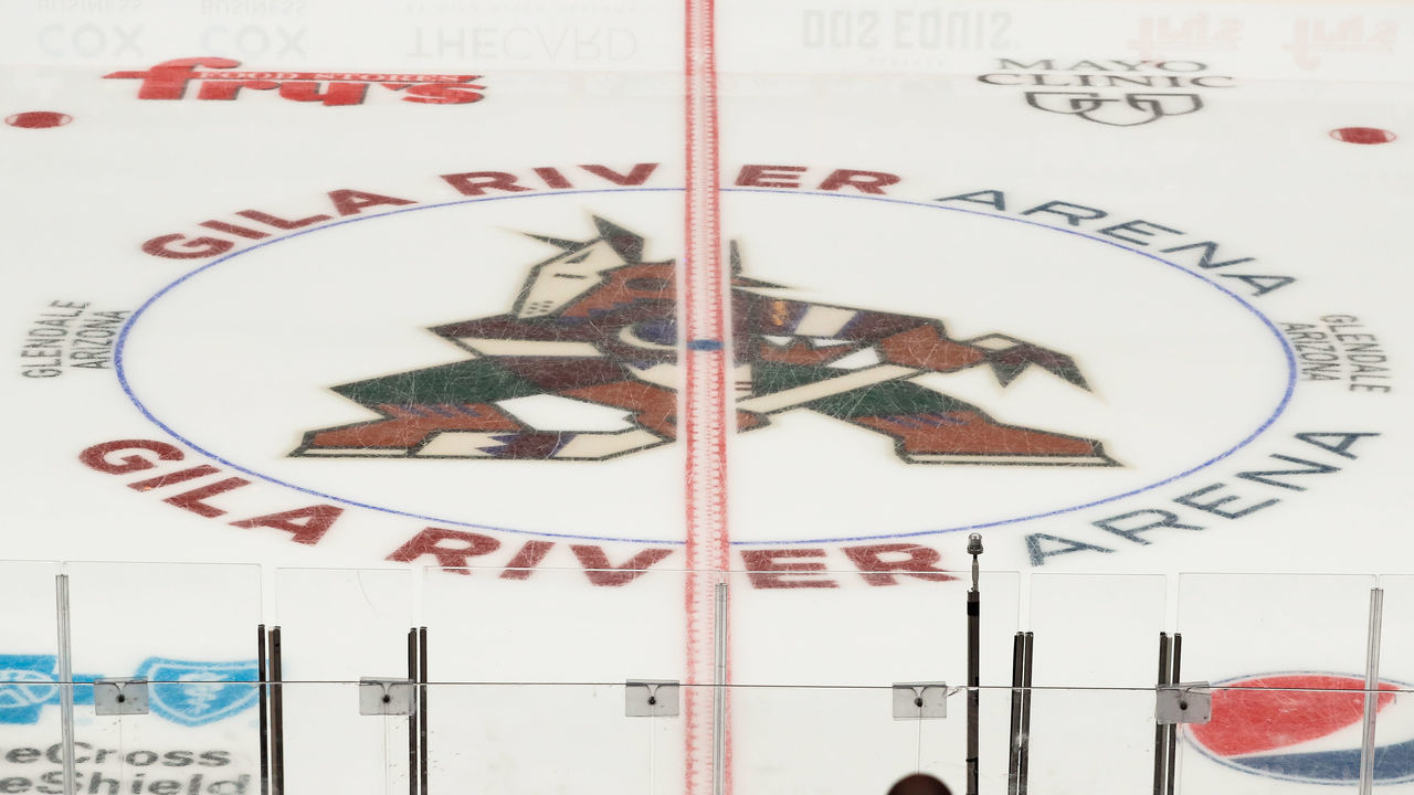 GLENDALE, AZ - OCTOBER 18: The Arizona Coyotes kachina logo at center ice before the NHL hockey game between the St. Louis Blues and the Arizona Coyotes on October 18, 2021 at Gila River Arena in Glendale, Arizona.