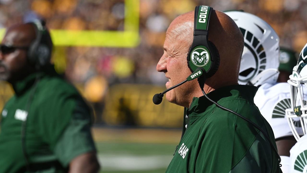 IOWA CITY, IA - SEPTEMBER 25: Colorado State football coach Steve Addazio watches his team play during a college football game between the Colorado St. Rams and the Iowa Hawkeyes on September 25, 2021, at Kinnick Stadium, Iowa City, Ia. ,