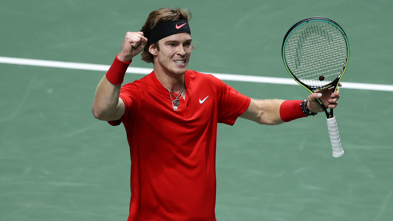 MADRID, SPAIN - DECEMBER 02: Andrey Rublev of Russian Tennis Federation celebrates winning match point against Elias Ymer of Sweden during the Davis Cup Quarter Final between Russian Tennis Federation and Sweden at Madrid Arena on December 02, 2021 in Madrid, Spain.