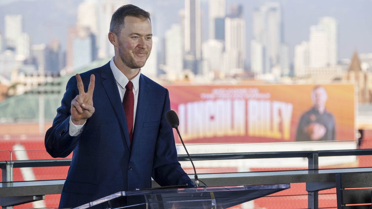 Los Angeles, CA - November 29: USC Head Coach Lincoln Riley speaks during a news conference to announce him as USC's new football coach at the Los Angeles Memorial Coliseum, Monday, Nov 29, 2021. Photo by Hans Gutknecht/MediaNews Group/Los Angeles Daily News via Getty Images)