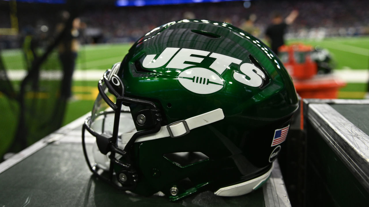 HOUSTON, TX - NOVEMBER 28: A New York Jets helmet sits on the sidelines during game featuring the Houston Texans and the New York Jets on November 28, 2021 at NRG Stadium in Houston, TX.