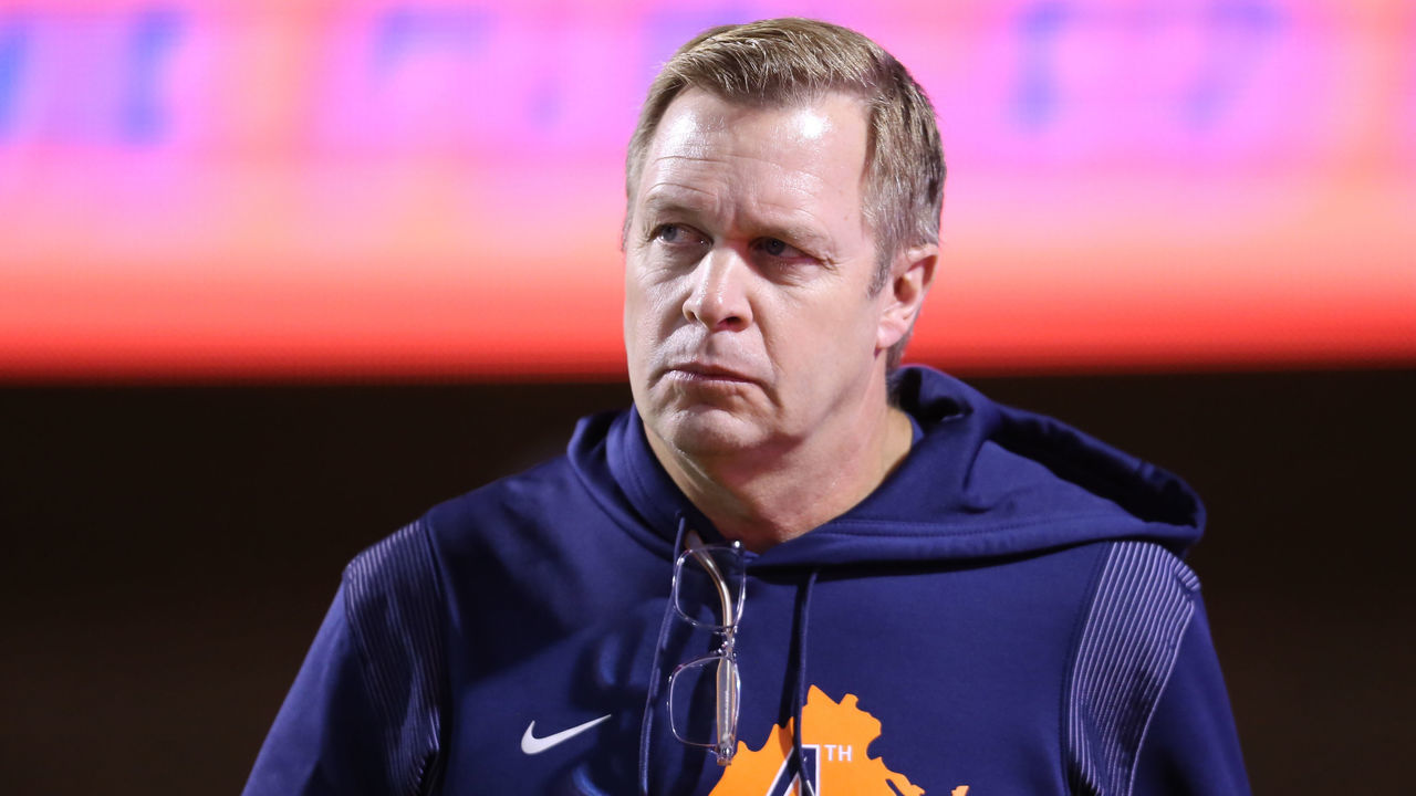 CHARLOTTESVILLE, VA - OCTOBER 23: Virginia Cavaliers head coach Bronco Mendenhall looks on during a game between the Georgia Tech Yellow Jackets and the Virginia Cavaliers on October 23, 2021, at Scott Stadium in Charlottesville, VA