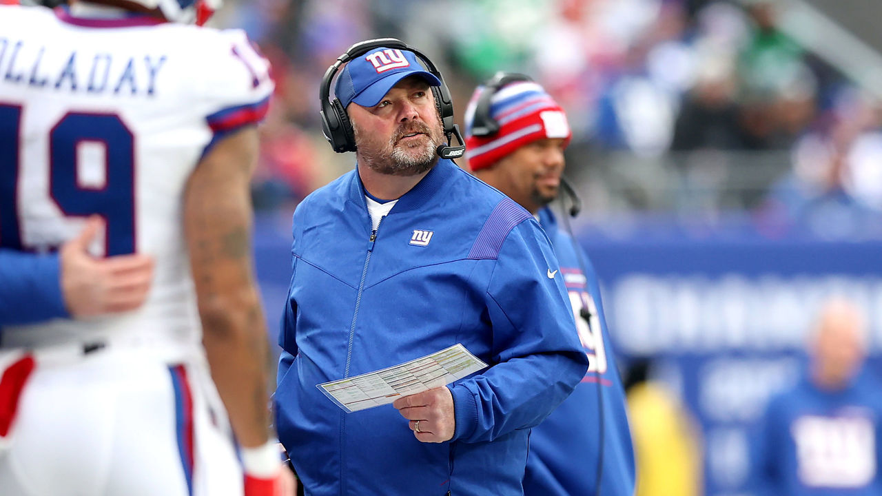 EAST RUTHERFORD, NEW JERSEY - NOVEMBER 28: Offensive coordinator Freddie Kitchens of the New York Giants looks on from the side line during the first half of the game against the Philadelphia Eagles at MetLife Stadium on November 28, 2021 in East Rutherford, New Jersey.