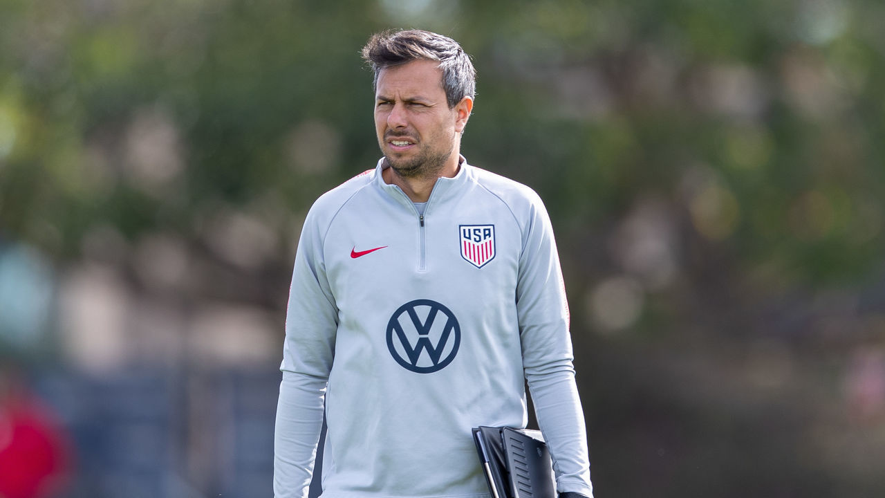 CARSON, CA - JANUARY 30: Assistant Coach Nico Estevez of the United State walk onto the field at Dignity Health Sports Park at Dignity Health Sports Park on January 30, 2020 in Carson, California.