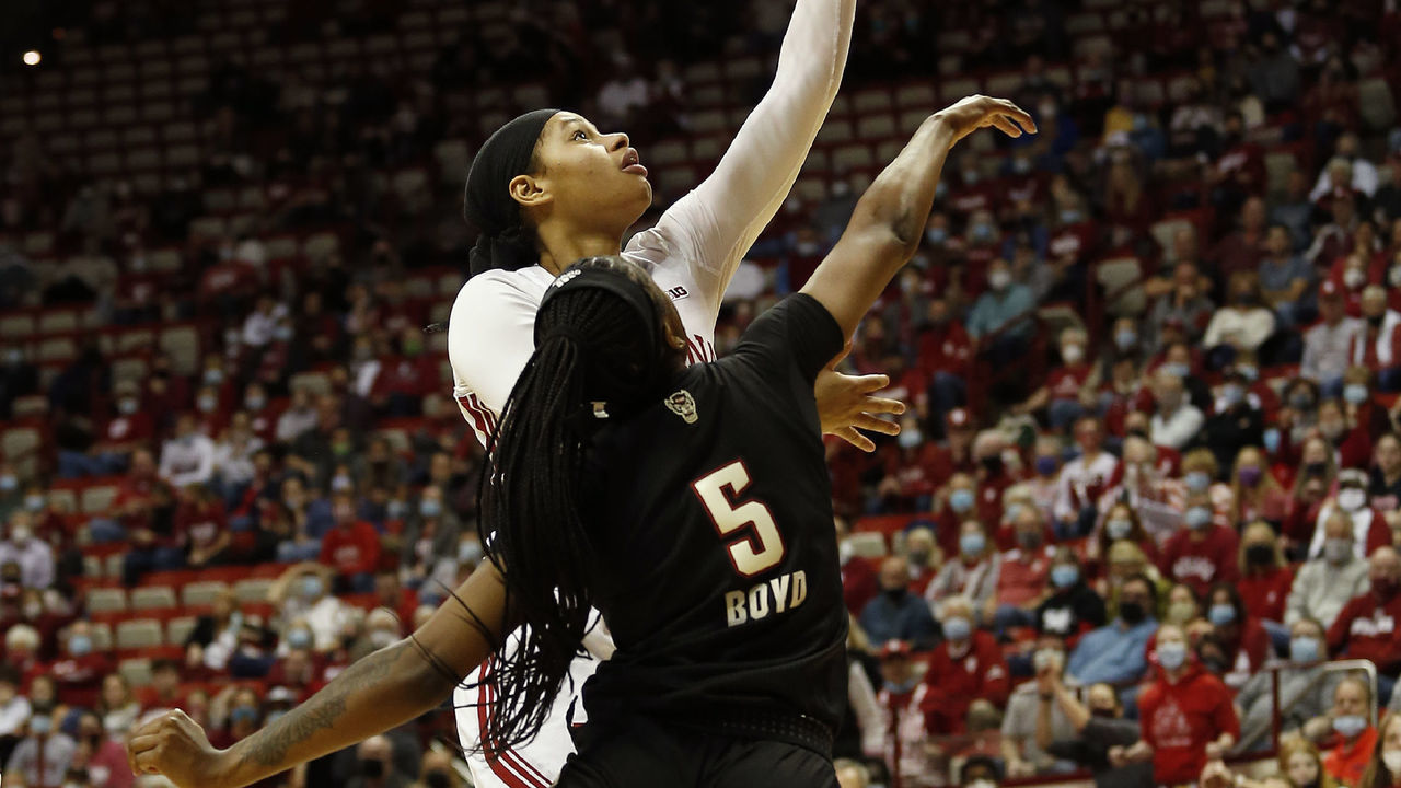 BLOOMINGTON, IN - DECEMBER 02: Indiana Hoosier forward Kiandra Browne (23) goes up with her shot over NC State Wolfpack forward Jada Boyd (5) during a womens college basketball game between the NC State Wolfpack and Indiana Hoosiers on December 02, 2021 at Assembly Hall in Bloomington, IN.