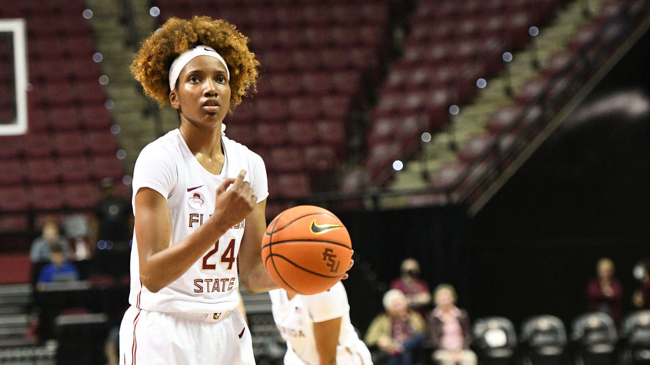 TALLAHASSEE, FL - NOVEMBER 21: Morgan Jones (24) guard Florida State University (FSU) Seminoles spins the basketball as she attempts a free throw during a non-conference game with the Grambling State University Tigers, Sunday, November 21, 2021, at Donald L Tucker Civic Center in Tallahassee, Florida.