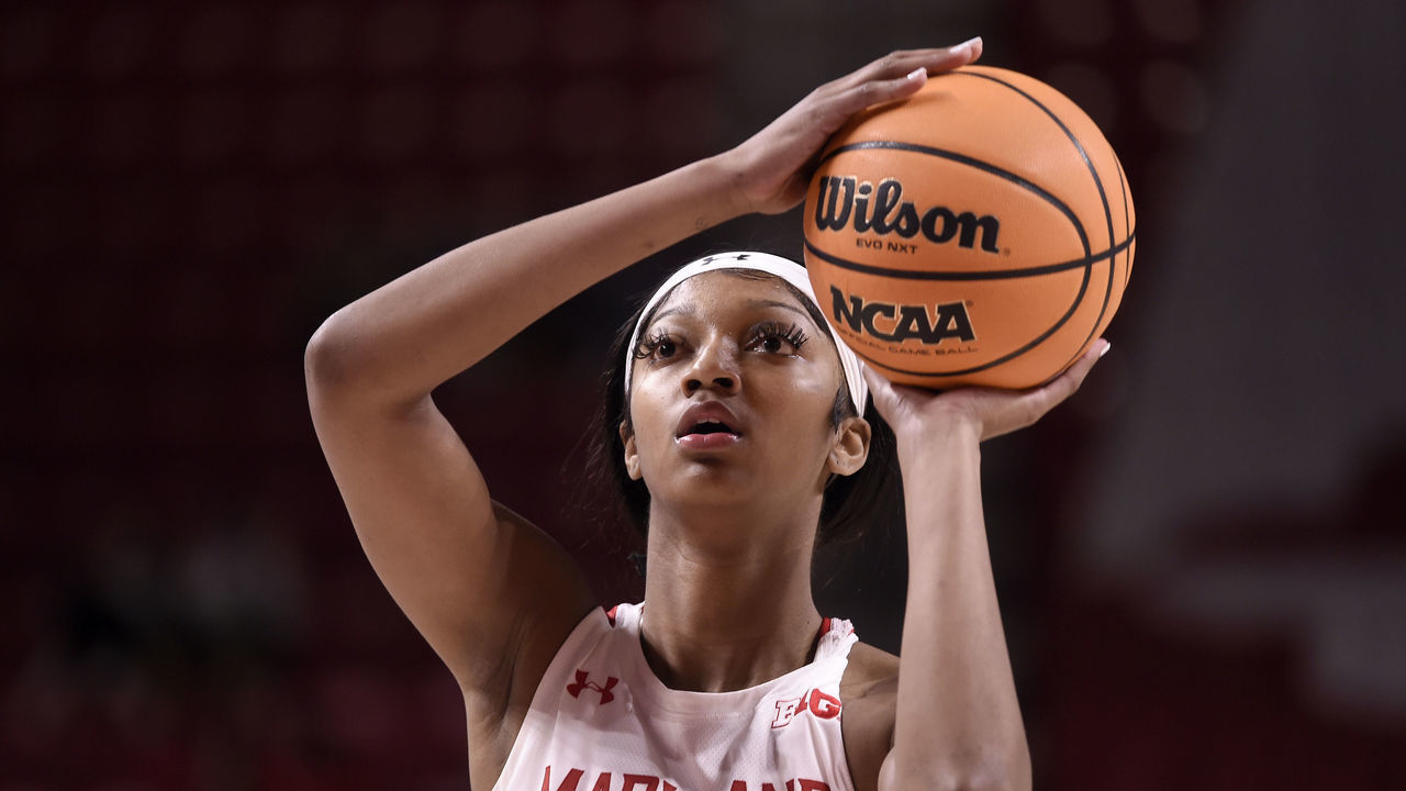 COLLEGE PARK, MARYLAND - NOVEMBER 21: Angel Reese #10 of the Maryland Terrapins shoots a free throw against the Baylor Lady Bears at Xfinity Center on November 21, 2021 in College Park, Maryland.
