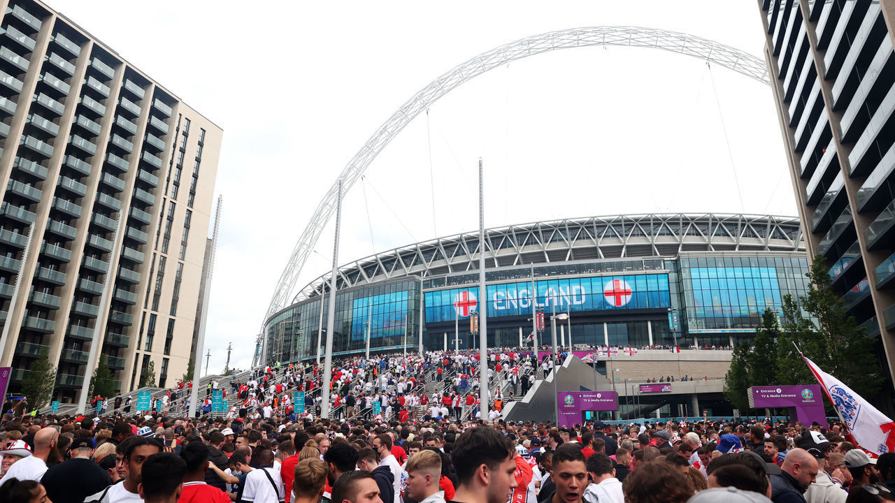 LONDON, ENGLAND - JULY 11: A general view outside the stadium as fans enjoy the pre match atmosphere prior to the UEFA Euro 2020 Championship Final between Italy and England at Wembley Stadium on July 11, 2021 in London, England.