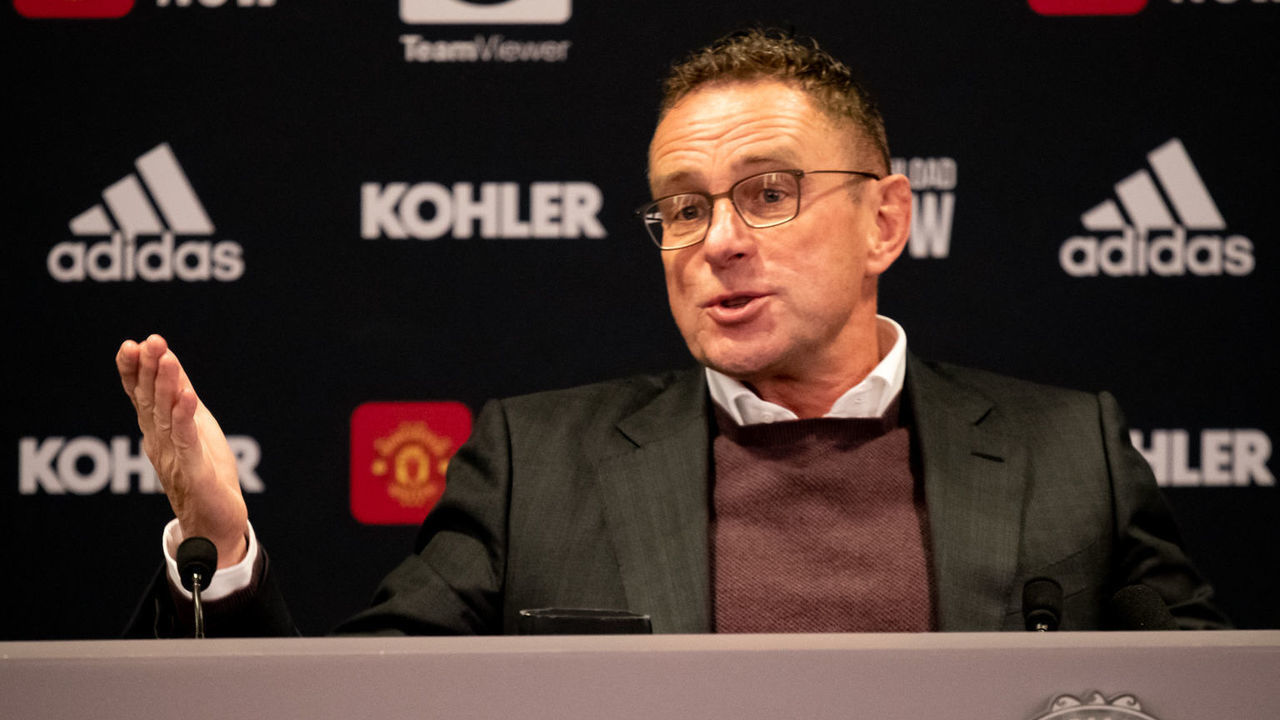 MANCHESTER, ENGLAND - DECEMBER 03: (EXCLUSIVE COVERAGE) Interim Manager Ralf Rangnick of Manchester United speaks during a press conference at Old Trafford on December 03, 2021 in Manchester, England.