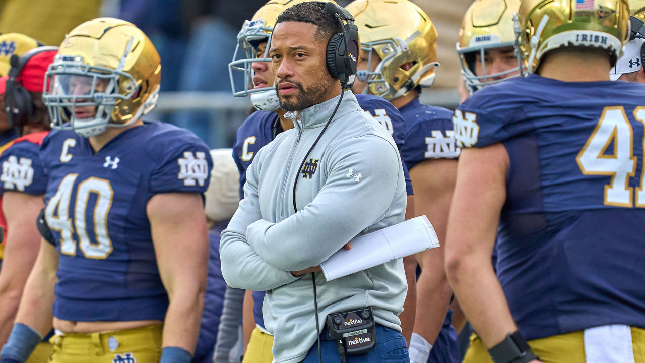 SOUTH BEND, IN - NOVEMBER 20: Notre Dame Fighting Irish defensive coordinator Marcus Freeman looks on during a game between the Notre Dame Fighting Irish and the Georgia Tech Yellow Jackets on November 20, 2021 at Notre Dame Stadium, in South Bend, IN.