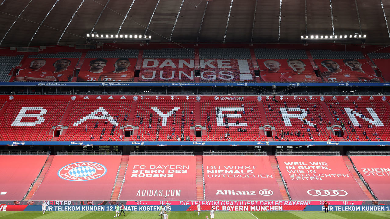 MUNICH, GERMANY - MAY 22: A general view inside the stadium prior to the Bundesliga match between FC Bayern Muenchen and FC Augsburg at Allianz Arena on May 22, 2021 in Munich, Germany. After the Bavarian cabinet decided on first relaxations for outdoor events, the current Corona situation allows FC Bayern to have its last match of the season in front of 250 spectators in the Allianz Arena. Of these, 100 tickets are given to people from the health sector selected by the Ministry of Health.
