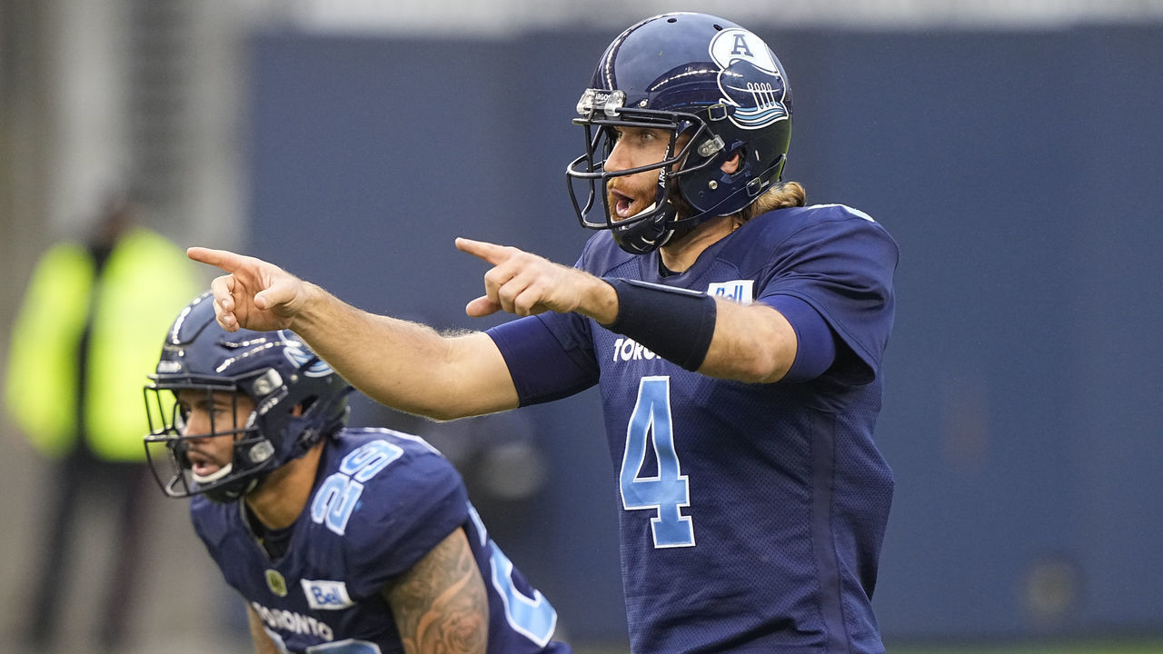 TORONTO, ON - OCTOBER 30: McLeod Bethel-Thompson #4 of the Toronto Argonauts calls out instructions at the line of scrimmage against the BC Lions at BMO Field on October 30, 2021 in Toronto, Canada.