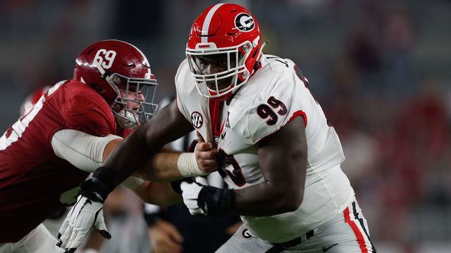 TUSCALOOSA, AL - OCTOBER 17: Jordan Davis #99 of the Georgia Bulldogs breaks around the line in the first half against the Alabama Crimson Tide at Bryant-Denny Stadium on October 17, 2020 in Tuscaloosa, Alabama.