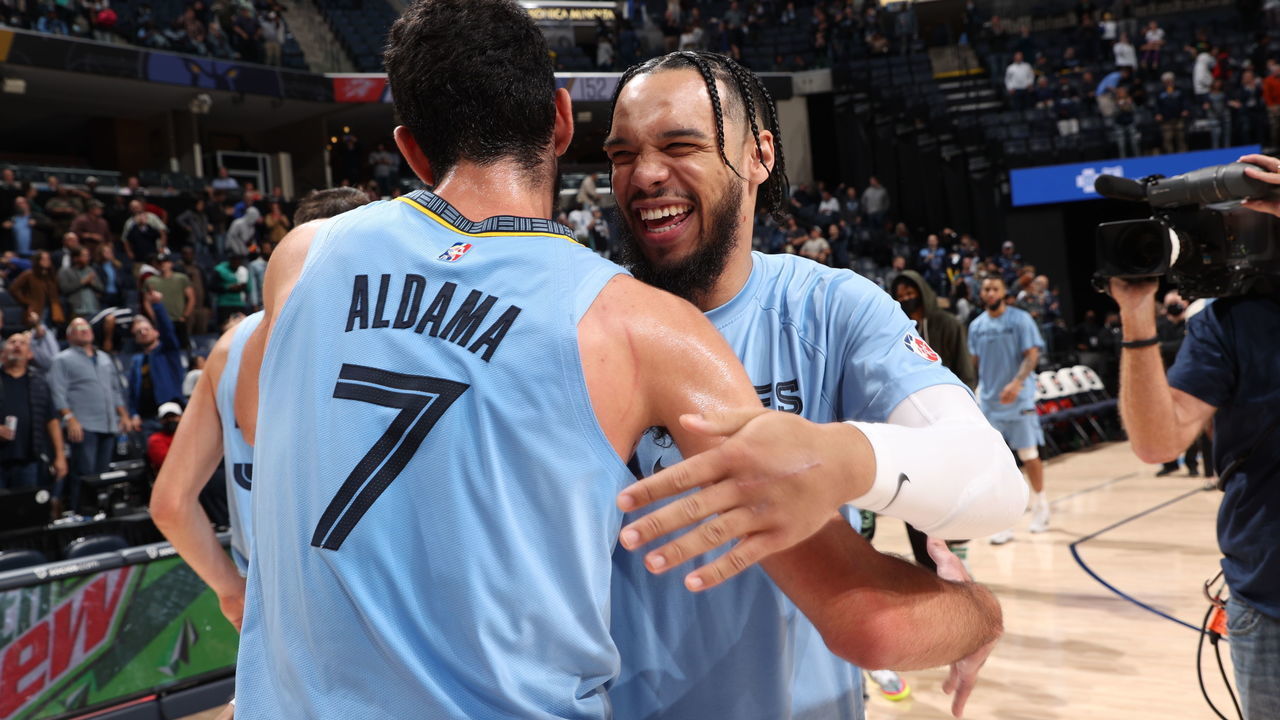 MEMPHIS, TN - DECEMBER 2: Dillon Brooks #24 and Santi Aldama #7 of the Memphis Grizzlies celebrate after a game against the Oklahoma City Thunder on December 2, 2021 at FedExForum in Memphis, Tennessee. Mandatory Copyright Notice: Copyright 2021 NBAE