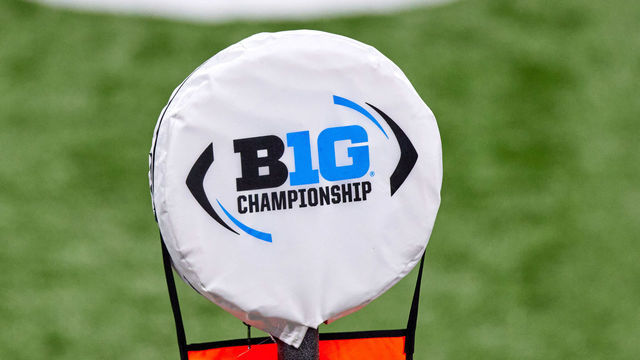 INDIANAPOLIS, IN - DECEMBER 19: A detail view of the Big Ten Championship logo is seen on a field yard marker in action during the Big Ten Championship game between the Ohio State Buckeyes and the Northwestern Wildcats on December 19, 2020 at Lucas Oil stadium, in Indianapolis, IN.