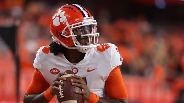 SYRACUSE, NY - OCTOBER 15: Taisun Phommachanh #7 of the Clemson Tigers throws a pass before a game against the Syracuse Orange at Carrier Dome on October 15, 2021 in Syracuse, New York.
