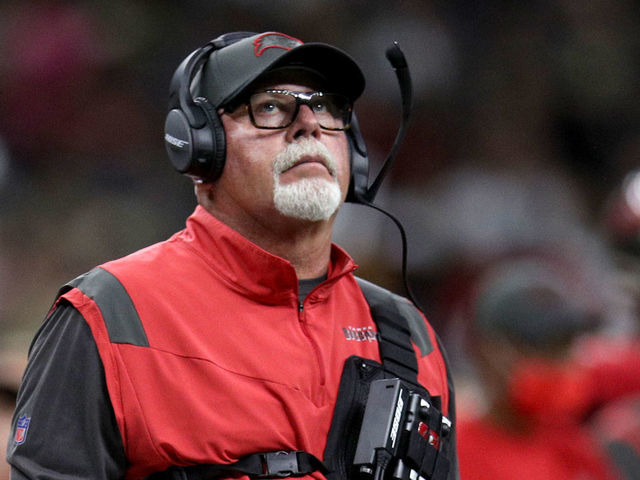 NEW ORLEANS, LOUISIANA - OCTOBER 31: Head coach Bruce Arians of the Tampa Bay Buccaneers looks on during a NFL game against the New Orleans Saints at Caesars Superdome on October 31, 2021 in New Orleans, Louisiana.