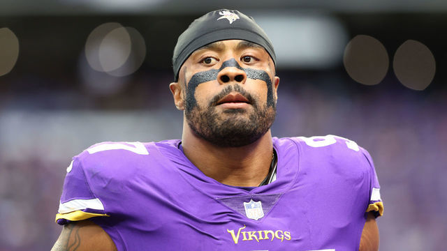 MINNEAPOLIS, MINNESOTA - OCTOBER 10: Everson Griffen #97 of the Minnesota Vikings looks on during pregame against the Detroit Lions at U.S. Bank Stadium on October 10, 2021 in Minneapolis, Minnesota.