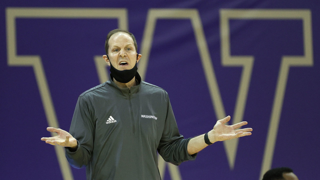 SEATTLE, WASHINGTON - JANUARY 31: Head coach Mike Hopkins of the Washington Huskies reacts during the first half against the Washington State Cougars at Alaska Airlines Arena on January 31, 2021 in Seattle, Washington.