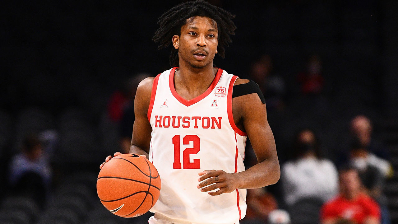 LAS VEGAS, NV - NOVEMBER 22: Houston Cougars guard Tramon Mark (12) dribbles up the court during the first round college basketball game in the Maui Invitational between the Butler Bulldogs and the Houston Cougars on November 22, 2021, at the Michelob ULTRA Arena in Las Vegas, NV. The tournament was moved from Maui due to COVID-19 concerns.