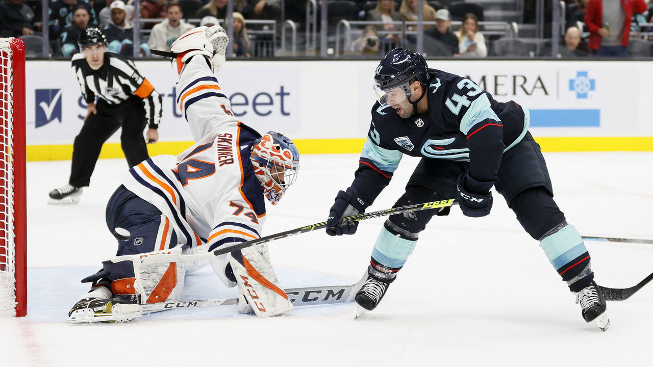 SEATTLE, WASHINGTON - DECEMBER 03: Colin Blackwell #43 of the Seattle Kraken scores a goal past Stuart Skinner #74 of the Edmonton Oilers during the second period at Climate Pledge Arena on December 03, 2021 in Seattle, Washington.