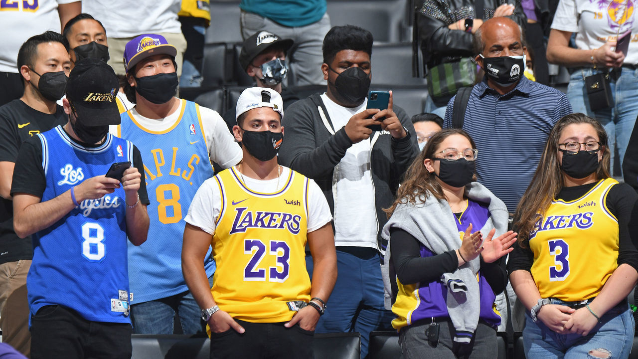LOS ANGELES, CA - JUNE 3: Los Angeles Lakers fans attend a game against the Phoenix Suns during Round 1, Game 6 of the 2021 NBA Playoffs on June 3, 2021 at STAPLES Center in Los Angeles, California. NOTE TO USER: User expressly acknowledges and agrees that, by downloading and/or using this Photograph, user is consenting to the terms and conditions of the Getty Images License Agreement. Mandatory Copyright Notice: Copyright 2021 NBAE