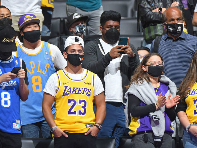 LOS ANGELES, CA - JUNE 3: Los Angeles Lakers fans attend a game against the Phoenix Suns during Round 1, Game 6 of the 2021 NBA Playoffs on June 3, 2021 at STAPLES Center in Los Angeles, California. NOTE TO USER: User expressly acknowledges and agrees that, by downloading and/or using this Photograph, user is consenting to the terms and conditions of the Getty Images License Agreement. Mandatory Copyright Notice: Copyright 2021 NBAE