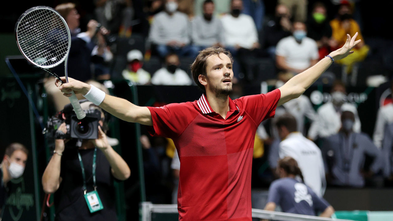 MADRID, SPAIN - DECEMBER 04: Danil Medvedev of the Russian Tennis Federation celebrates during the Men's Singles match between Danil Medvedev and Jan-Lennard Struff of the Davis Cup semi final between The Russian Tennis Federation and Germany at Madrid Arena on December 04, 2021 in Madrid, Spain.