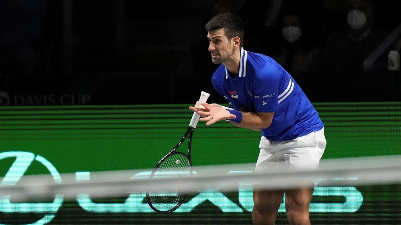 Novak Djokovic of Serbia reacts during the 2021 Davis Cup Finals semifinal between Croatia and Serbia in Madrid, Spain, Dec. 3, 2021.