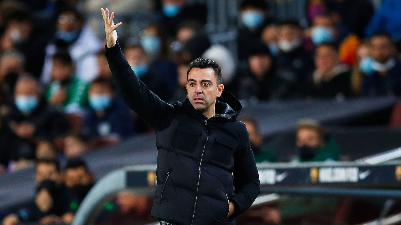BARCELONA, SPAIN - DECEMBER 04: Xavi Hernandez, head coach of FC Barcelona gestures during the La Liga Santander match between FC Barcelona and Real Betis at Camp Nou on December 04, 2021 in Barcelona, Spain.
