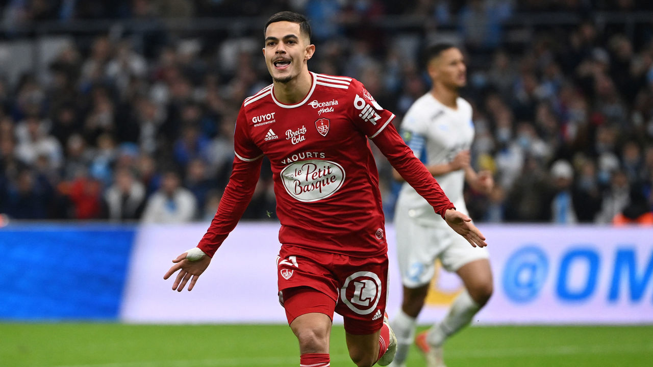 Brest's French midfielder Romain Faivre celebrates after scoring a penalty during the L1 football match between Olympique of Marseille (OM) and Stade Brestois 29 at the Velodrome stadium in Marseille, on December 4, 2021.